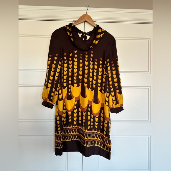J. Crew Collection 100% Silk Dress Mod MCM Art Deco Geographic Brown/Gold W's 6 - Picture 3 of 11